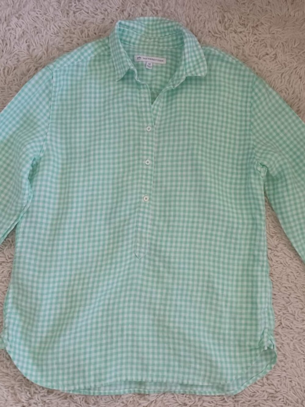 Southern Tide M 100% Linen Mint Green Gingham Popover Shirt Coastal Blouse